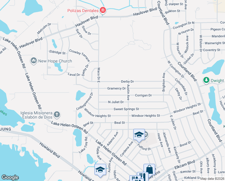 map of restaurants, bars, coffee shops, grocery stores, and more near 2649 Derby Drive in Deltona