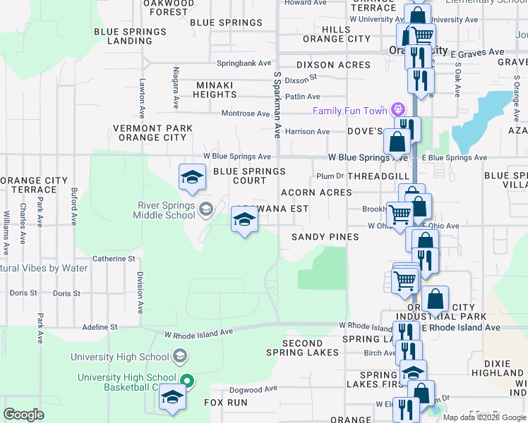 map of restaurants, bars, coffee shops, grocery stores, and more near 860 Arawana Drive in Orange City