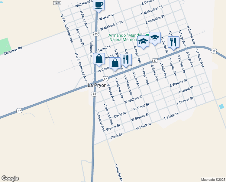 map of restaurants, bars, coffee shops, grocery stores, and more near 434 West Rue Street in La Pryor