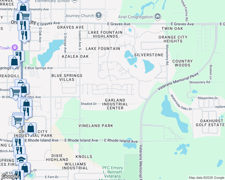 map of restaurants, bars, coffee shops, grocery stores, and more near 916 King Orange Drive in Orange City
