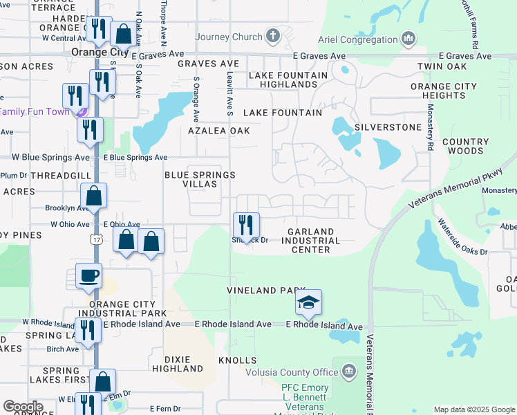 map of restaurants, bars, coffee shops, grocery stores, and more near 818 Navel Orange Drive in Orange City