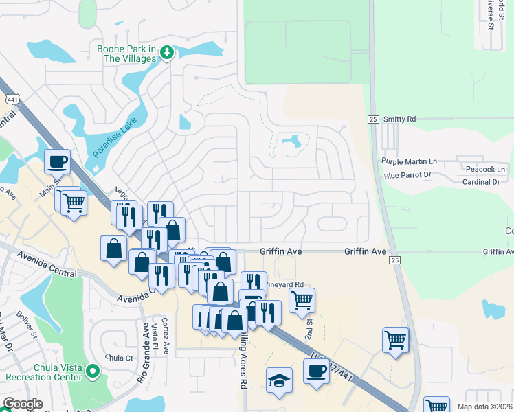 map of restaurants, bars, coffee shops, grocery stores, and more near 617 Webb Way in Lady Lake