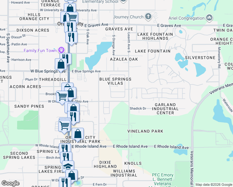 map of restaurants, bars, coffee shops, grocery stores, and more near 558 Maidenhair Court in Orange City