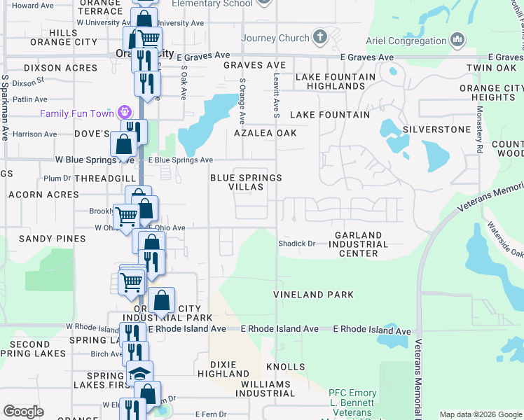 map of restaurants, bars, coffee shops, grocery stores, and more near 730 Spring Cavern Avenue in Orange City