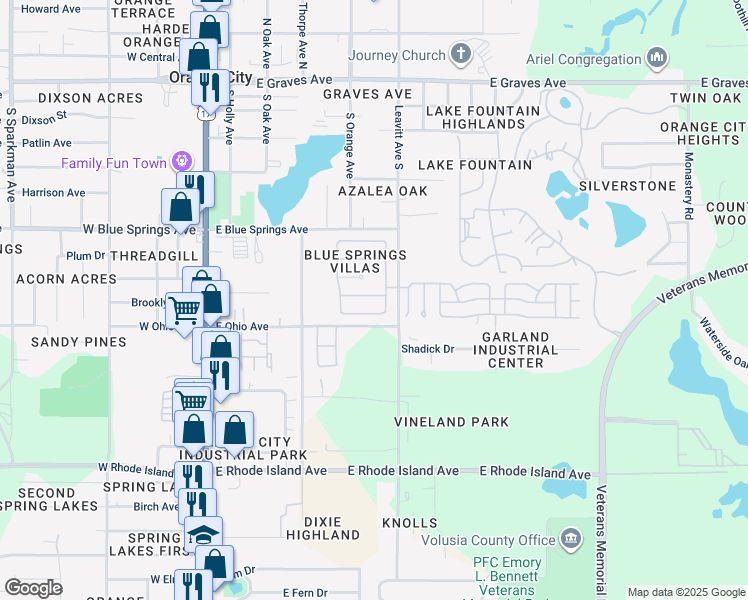 map of restaurants, bars, coffee shops, grocery stores, and more near 642 Swan Range Road in Orange City