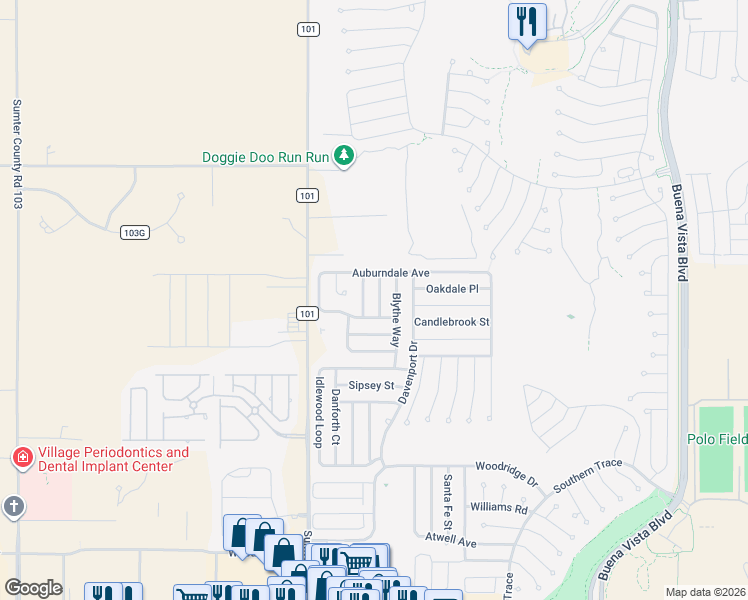 map of restaurants, bars, coffee shops, grocery stores, and more near 1106 Berkshire Place in The Villages