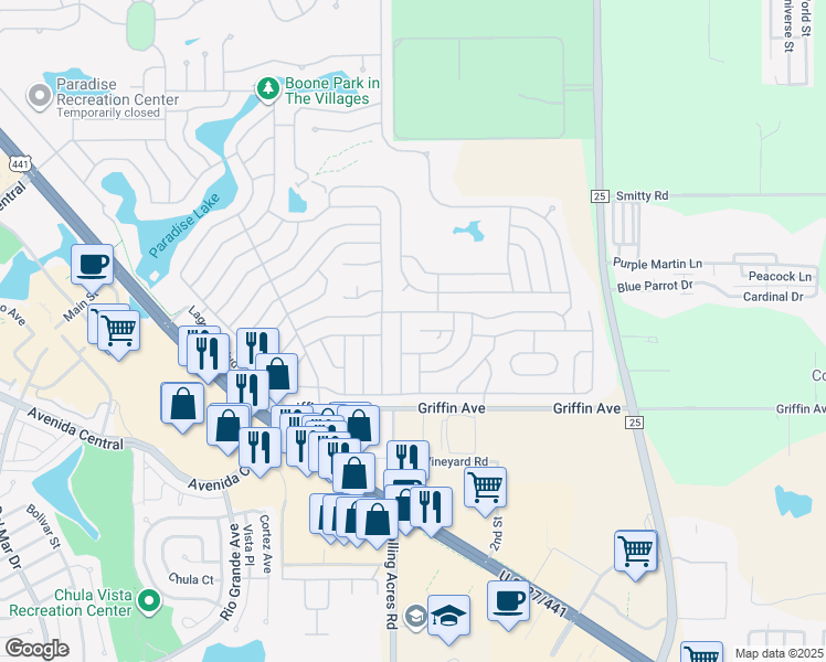 map of restaurants, bars, coffee shops, grocery stores, and more near 614 Jason Drive in Lady Lake