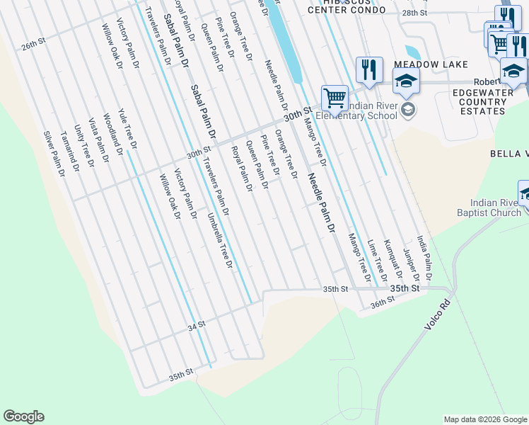 map of restaurants, bars, coffee shops, grocery stores, and more near 3120 Queen Palm Drive in Edgewater