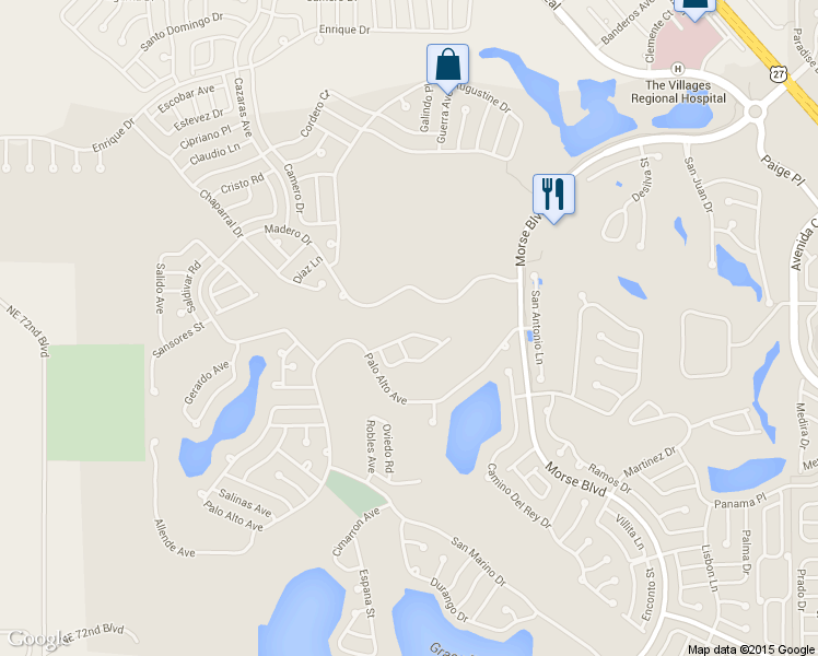 map of restaurants, bars, coffee shops, grocery stores, and more near 1817 San Gabriel Street in The Villages