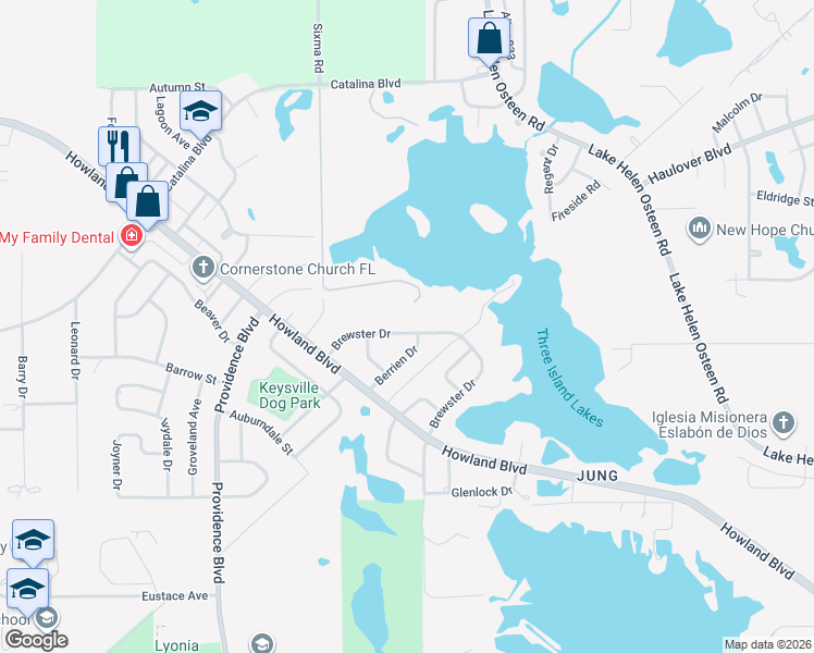 map of restaurants, bars, coffee shops, grocery stores, and more near 2017 Brewster Drive in Deltona