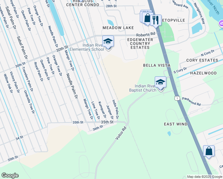 map of restaurants, bars, coffee shops, grocery stores, and more near 3307 India Palm Drive in Edgewater