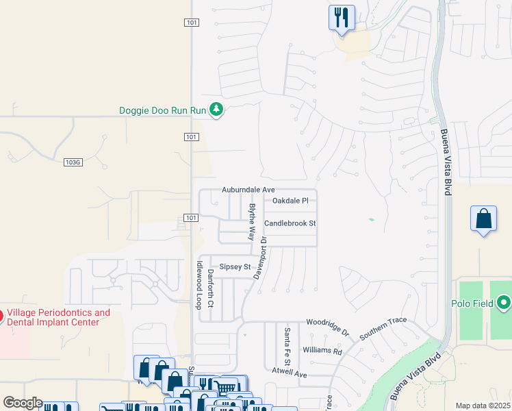 map of restaurants, bars, coffee shops, grocery stores, and more near 1107 Blythe Way in The Villages