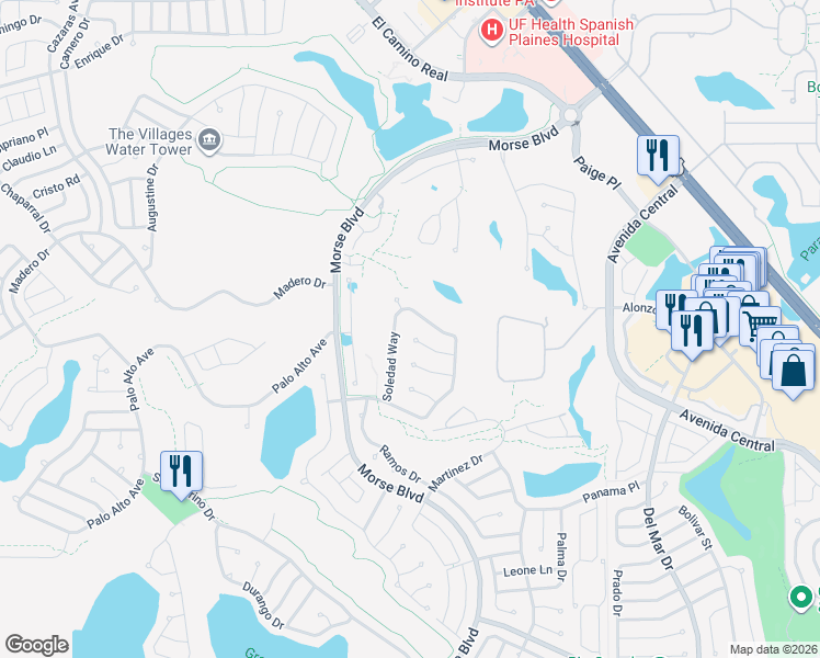 map of restaurants, bars, coffee shops, grocery stores, and more near 1024 Soledad Way in The Villages