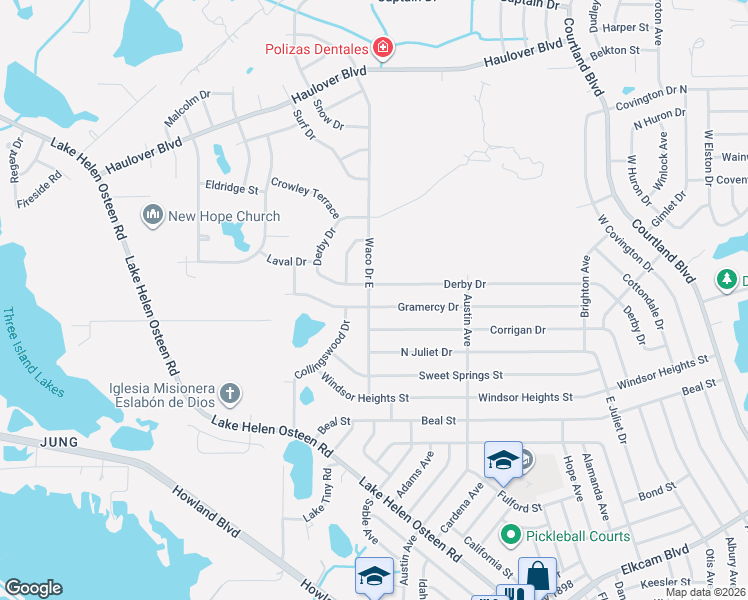 map of restaurants, bars, coffee shops, grocery stores, and more near 2601 Derby Drive in Deltona