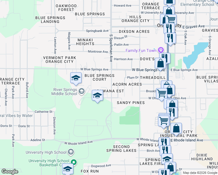 map of restaurants, bars, coffee shops, grocery stores, and more near 860 Arawana Drive in Orange City