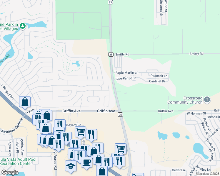 map of restaurants, bars, coffee shops, grocery stores, and more near 408 Tarrson Boulevard in Lady Lake
