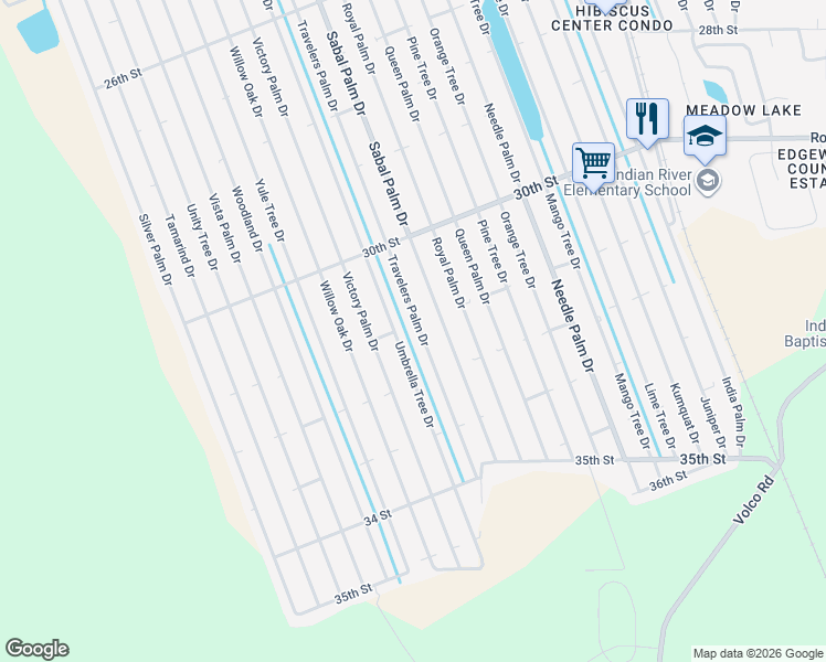 map of restaurants, bars, coffee shops, grocery stores, and more near 3104 Travelers Palm Drive in Edgewater