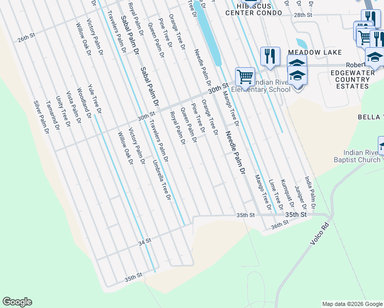 map of restaurants, bars, coffee shops, grocery stores, and more near 3120 Queen Palm Drive in Edgewater