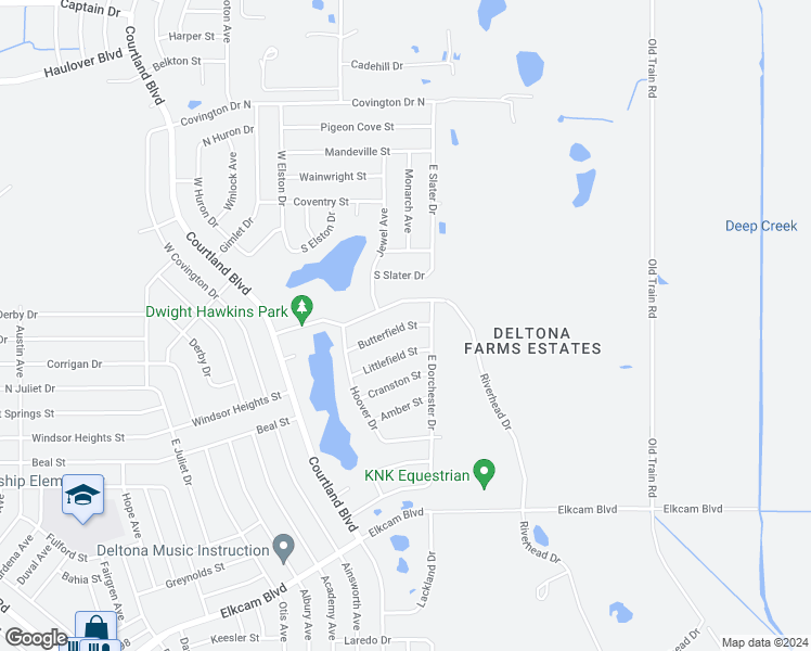 map of restaurants, bars, coffee shops, grocery stores, and more near 3291 Butterfield Street in Deltona