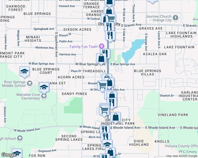 map of restaurants, bars, coffee shops, grocery stores, and more near 220 West Virginia Avenue in Orange City