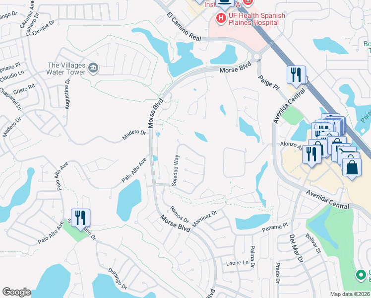 map of restaurants, bars, coffee shops, grocery stores, and more near 1024 Soledad Way in The Villages