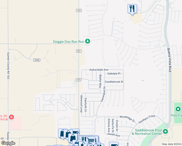 map of restaurants, bars, coffee shops, grocery stores, and more near 1106 Berkshire Place in The Villages