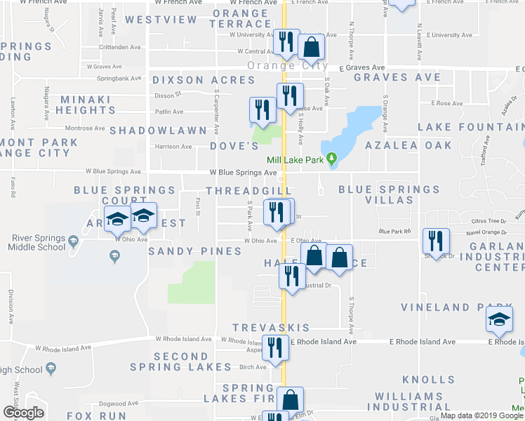 map of restaurants, bars, coffee shops, grocery stores, and more near 208 West Virginia Avenue in Orange City