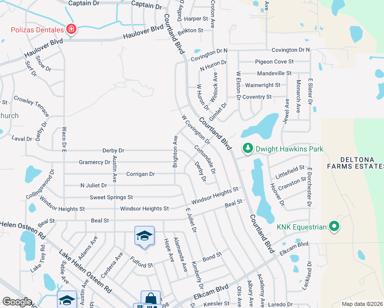 map of restaurants, bars, coffee shops, grocery stores, and more near 2930 Derby Drive in Deltona