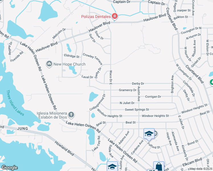 map of restaurants, bars, coffee shops, grocery stores, and more near 2585 Derby Drive in Deltona