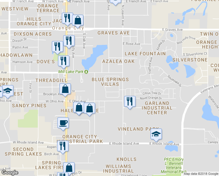 map of restaurants, bars, coffee shops, grocery stores, and more near 558 Maidenhair Court in Orange City