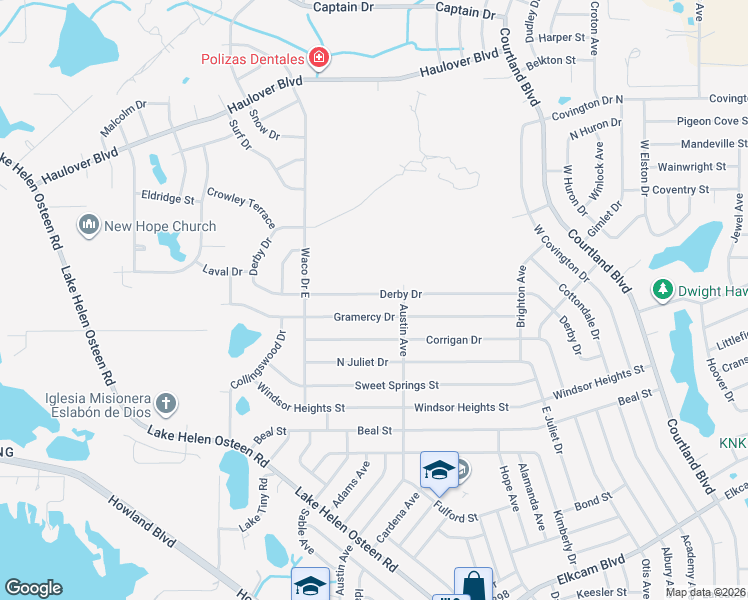 map of restaurants, bars, coffee shops, grocery stores, and more near 2689 Derby Drive in Deltona