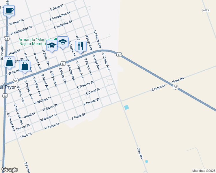 map of restaurants, bars, coffee shops, grocery stores, and more near in La Pryor