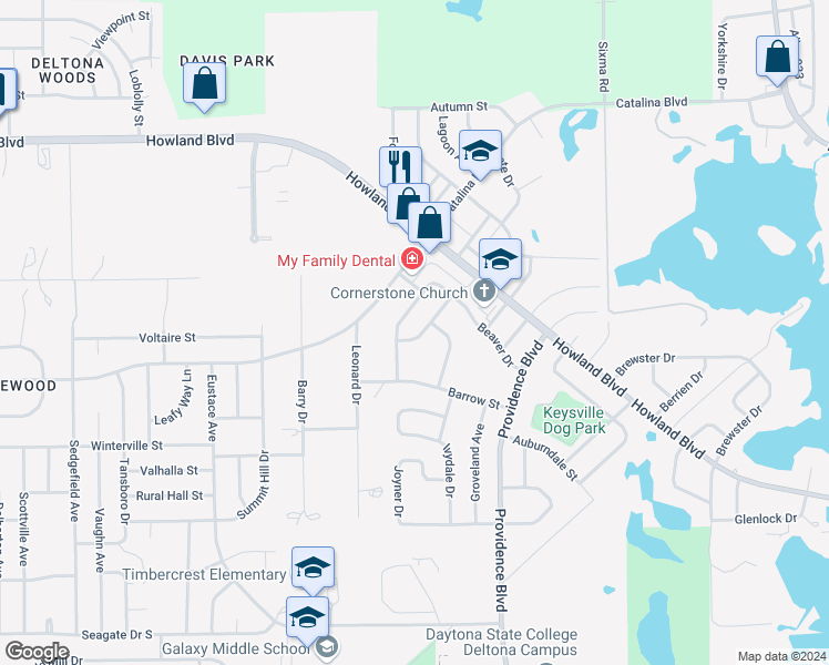 map of restaurants, bars, coffee shops, grocery stores, and more near 2781 Benrock Terrace in Deltona