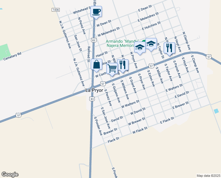 map of restaurants, bars, coffee shops, grocery stores, and more near 434 West Rue Street in La Pryor