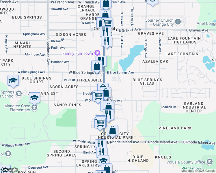 map of restaurants, bars, coffee shops, grocery stores, and more near 760 South Volusia Avenue in Orange City