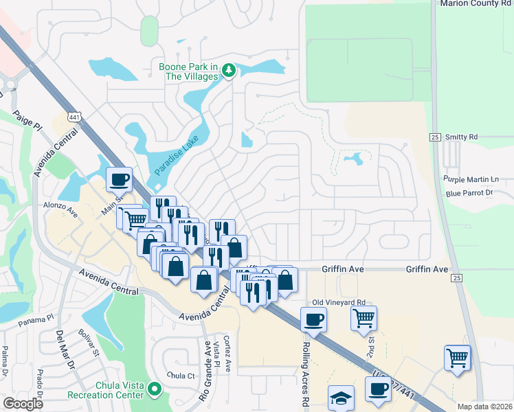 map of restaurants, bars, coffee shops, grocery stores, and more near 722 Roseapple Avenue in Lady Lake