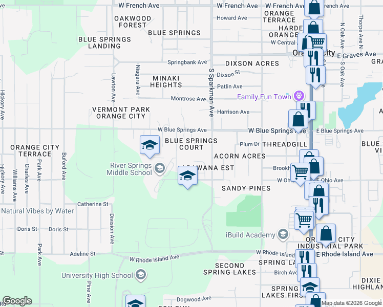map of restaurants, bars, coffee shops, grocery stores, and more near 585 Blue Springs Court in Orange City
