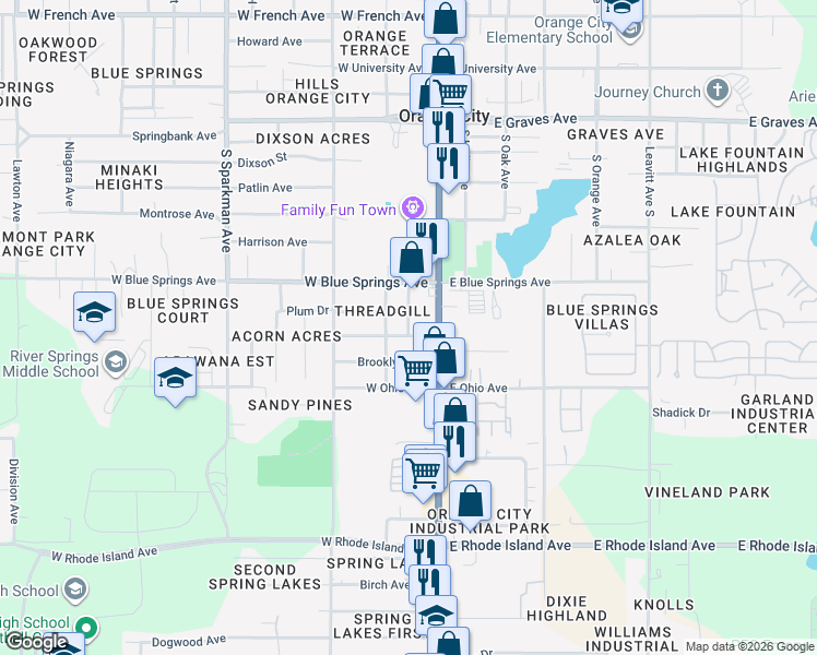 map of restaurants, bars, coffee shops, grocery stores, and more near 220 West Virginia Avenue in Orange City