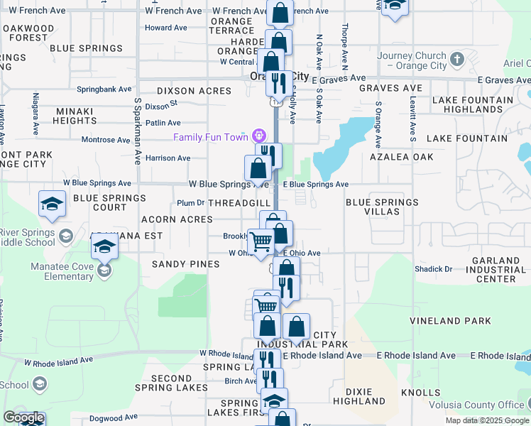 map of restaurants, bars, coffee shops, grocery stores, and more near 220 West Virginia Avenue in Orange City