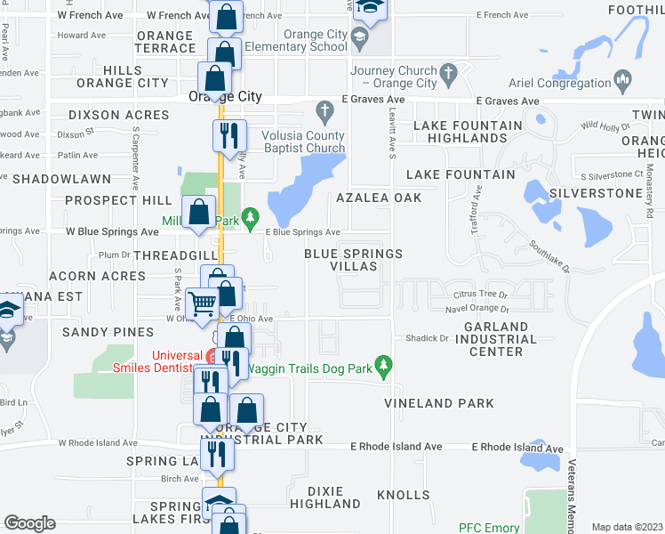 map of restaurants, bars, coffee shops, grocery stores, and more near 655 Blue Water Avenue in Orange City