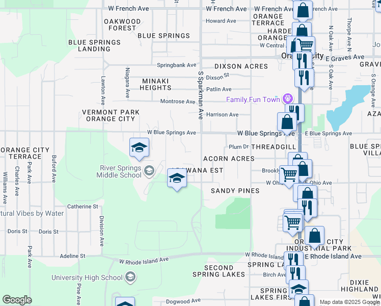 map of restaurants, bars, coffee shops, grocery stores, and more near 582 Blue Springs Court in Orange City