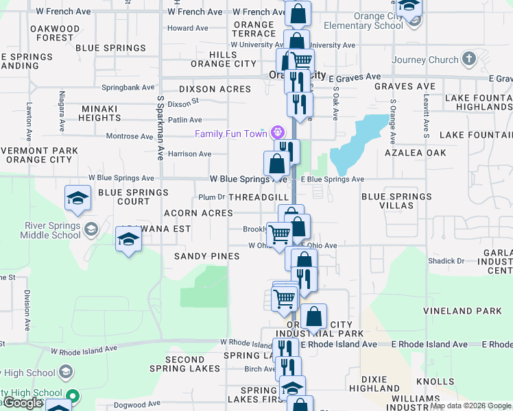 map of restaurants, bars, coffee shops, grocery stores, and more near 320 West Virginia Avenue in Orange City