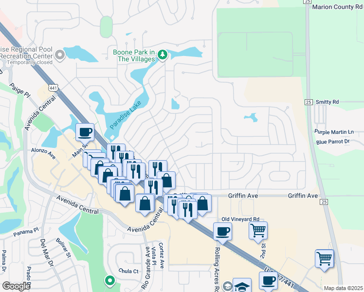 map of restaurants, bars, coffee shops, grocery stores, and more near 709 Roseapple Avenue in Lady Lake