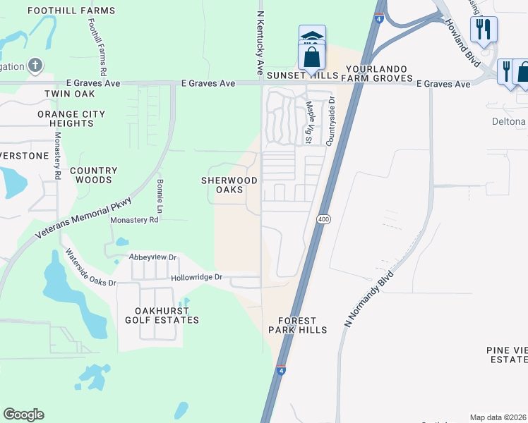 map of restaurants, bars, coffee shops, grocery stores, and more near 400-498 Dresden Court in Orange City