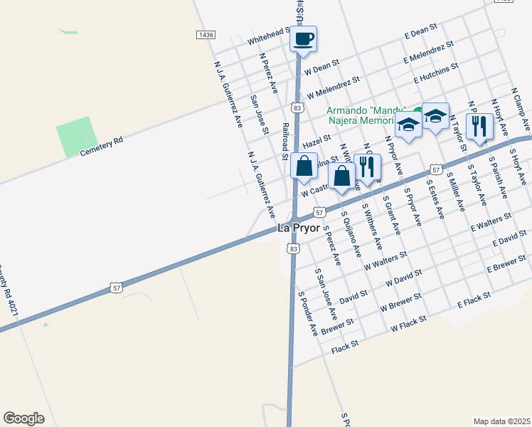 map of restaurants, bars, coffee shops, grocery stores, and more near 245 West 1436 in La Pryor