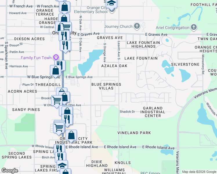 map of restaurants, bars, coffee shops, grocery stores, and more near 608 Gilmore Stage Road in Orange City