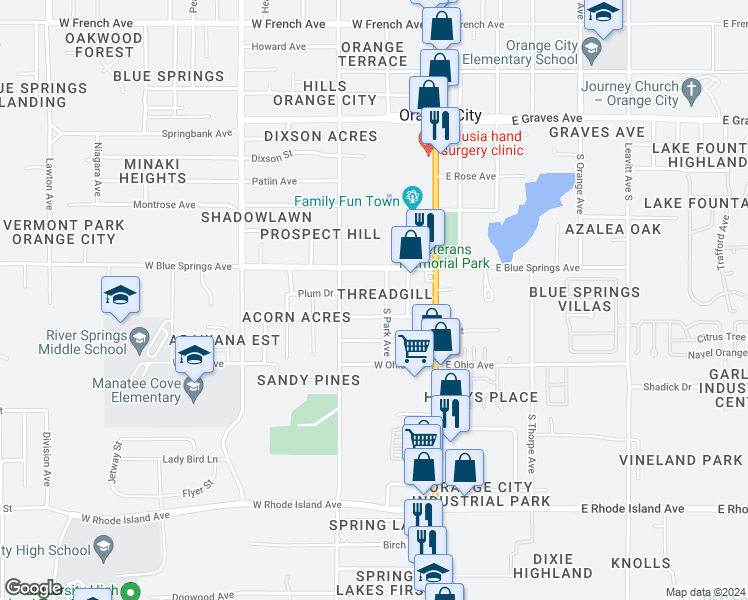 map of restaurants, bars, coffee shops, grocery stores, and more near 320 Plum Drive in Orange City