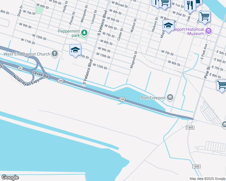 map of restaurants, bars, coffee shops, grocery stores, and more near Levee Road in Freeport