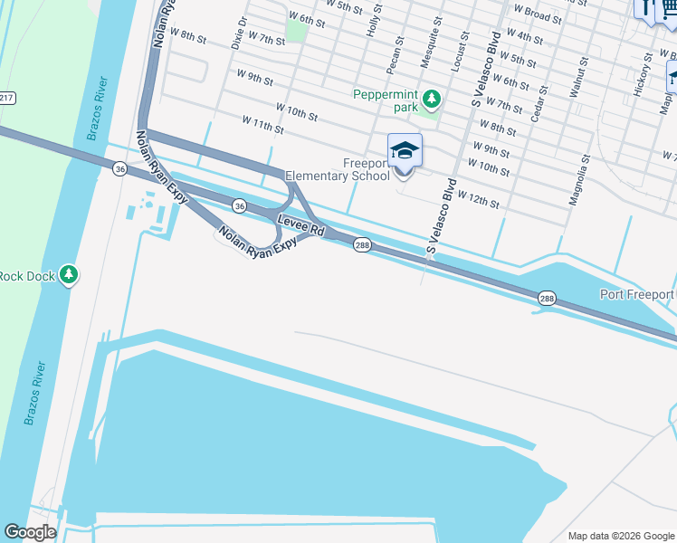 map of restaurants, bars, coffee shops, grocery stores, and more near Nolan Ryan Expressway in Freeport