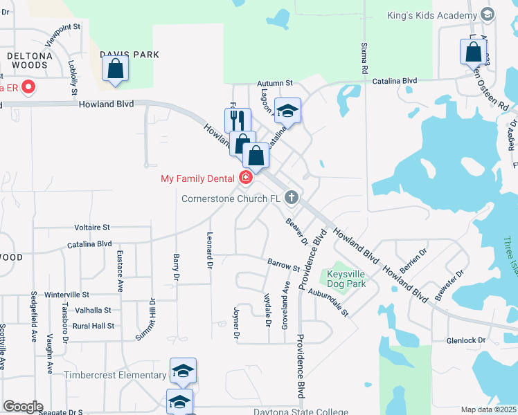map of restaurants, bars, coffee shops, grocery stores, and more near 2821 Benrock Terrace in Deltona